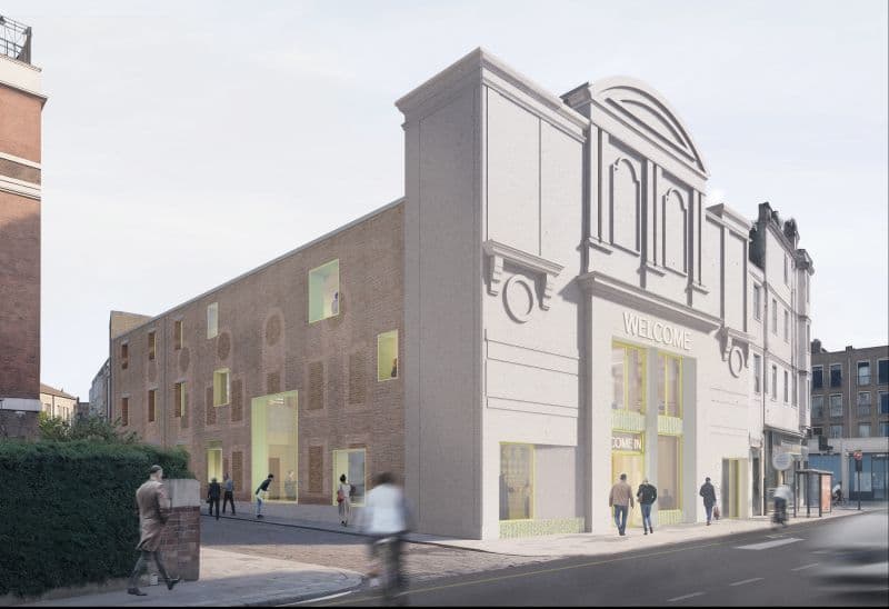 Architectural render of Camden's Neighbourhood Space, a restored brick and stone building at Kentish Town