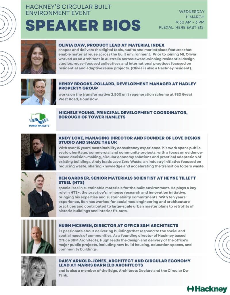 Speaker bios page for Hackney's Circular Built Environment Event featuring Olivia Daw of Material Index