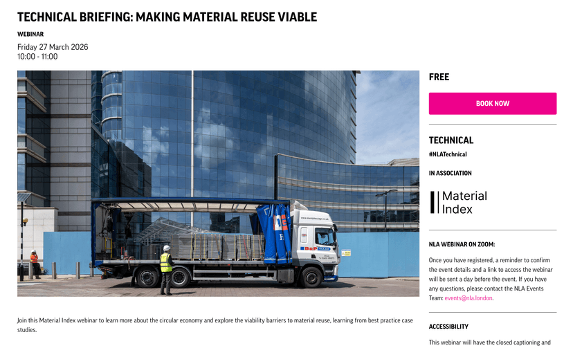NLA webinar listing for Making Material Reuse Viable, presented in association with Material Index