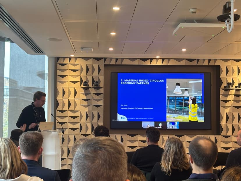 Rob Smith presenting Material Index services at the British Land Office Fit Out Sustainability Brief launch