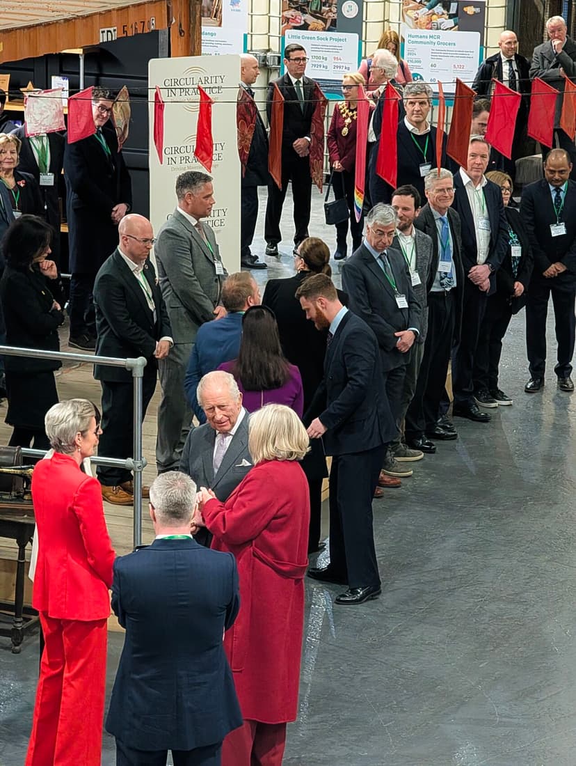 King Charles III greeting attendees at the Circularity in Practice pledge launch event in Manchester