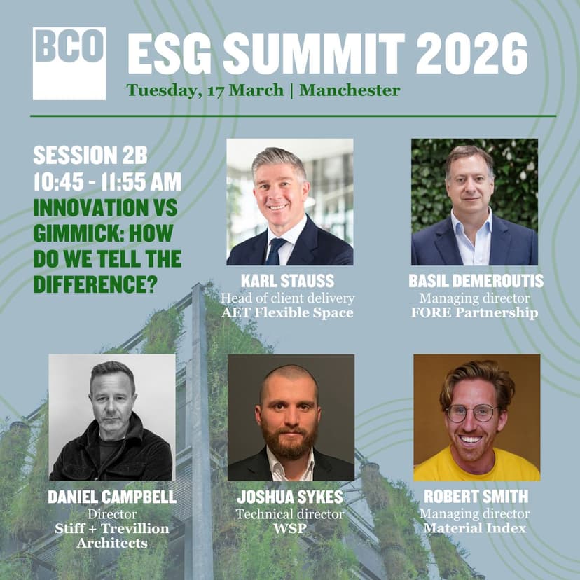 BCO ESG Summit 2026 panel graphic showing Robert Smith of Material Index alongside fellow panelists
