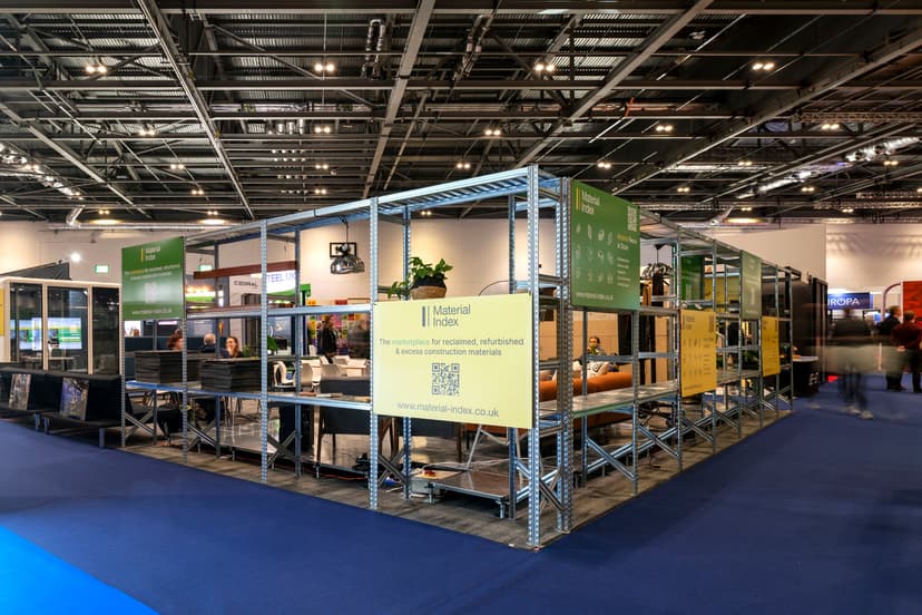 Material Index stand in the Futurebuild Connect Lounge, built entirely from reclaimed materials