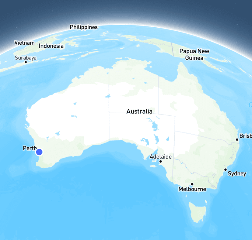 Map of Australia with a marker on Perth, where AND OR Consulting is based