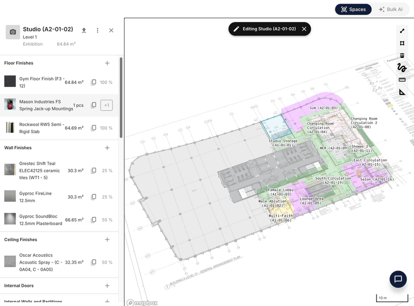 The Material Index platform capturing floor, wall and ceiling finishes space by space against a floor plan to build a material passport
