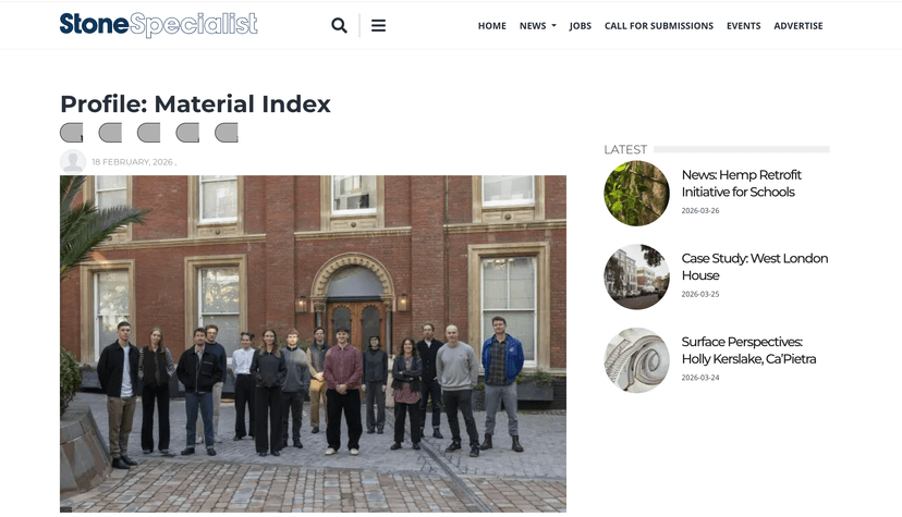 Stone Specialist website showing the Material Index team profile with a group photo outside their office