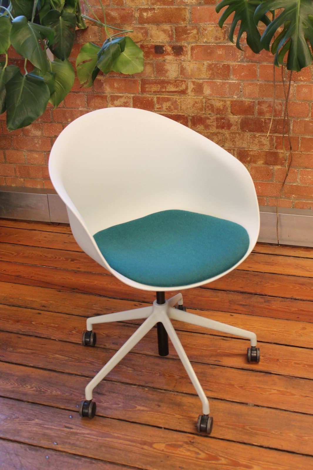 A white shell meeting chair with a teal seat pad on Mailen Design's timber floor