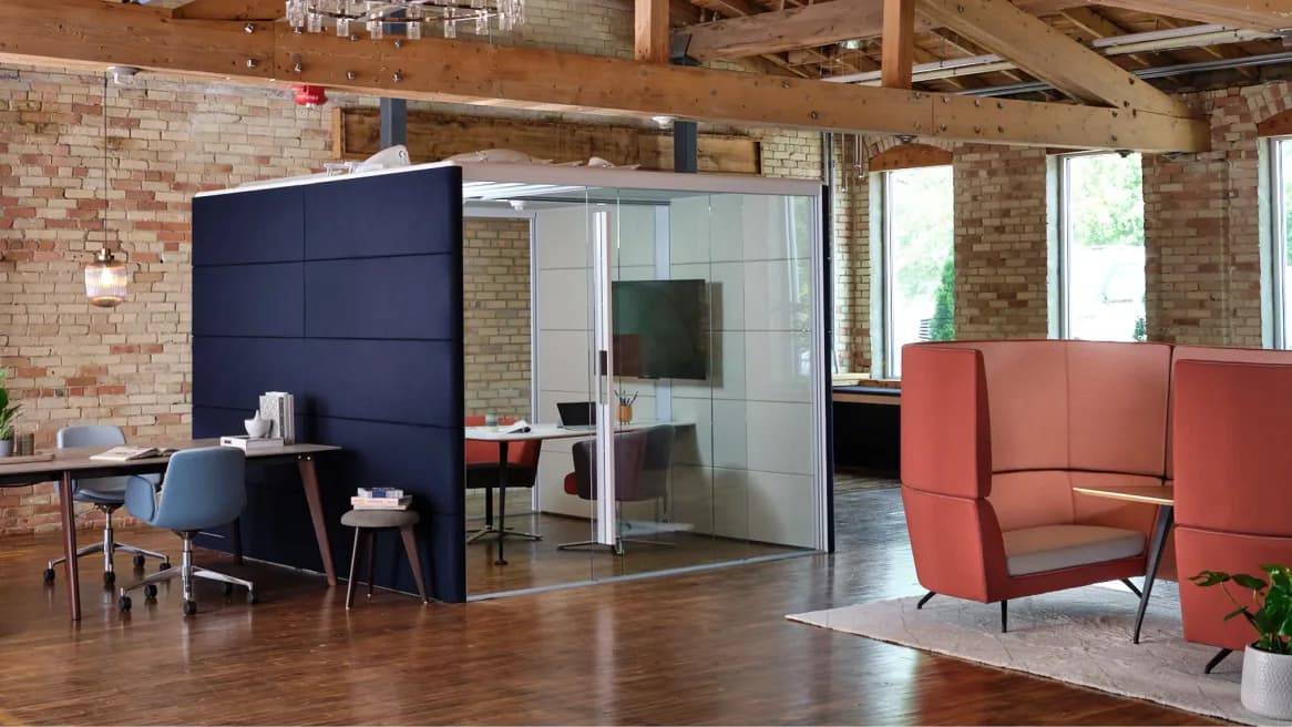 Reclaimed office pods in a workspace