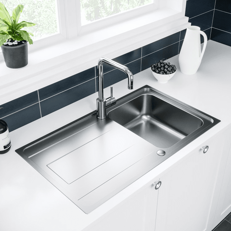ONLY OPENED - Single Bowl Chrome Stainless Steel Kitchen Sink with Reversible Drainer- Enza Isabella 860 x 500