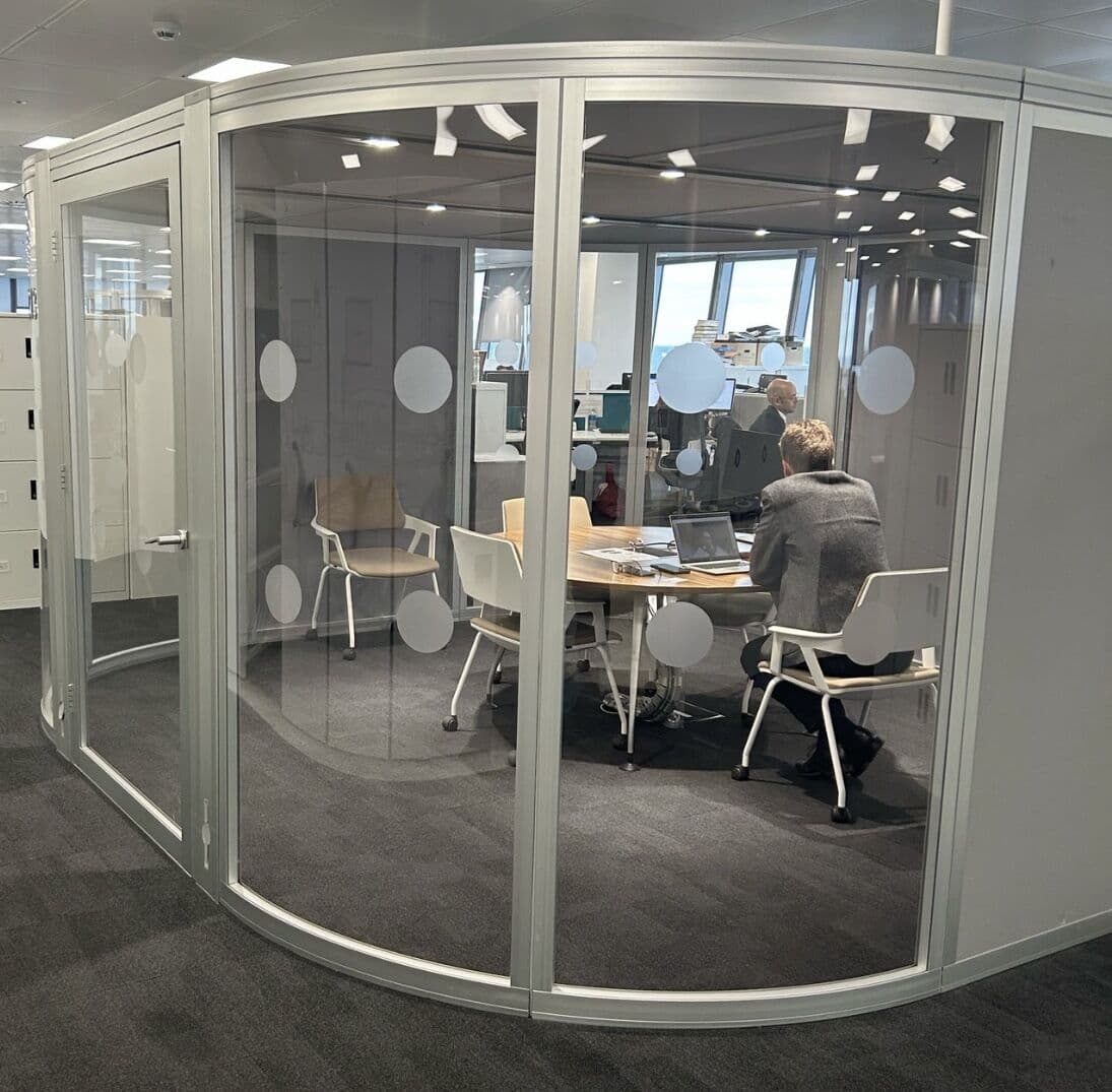 Orangebox Airea 150 square soft corner glazed Pod with locking door, air recycling, data and power point