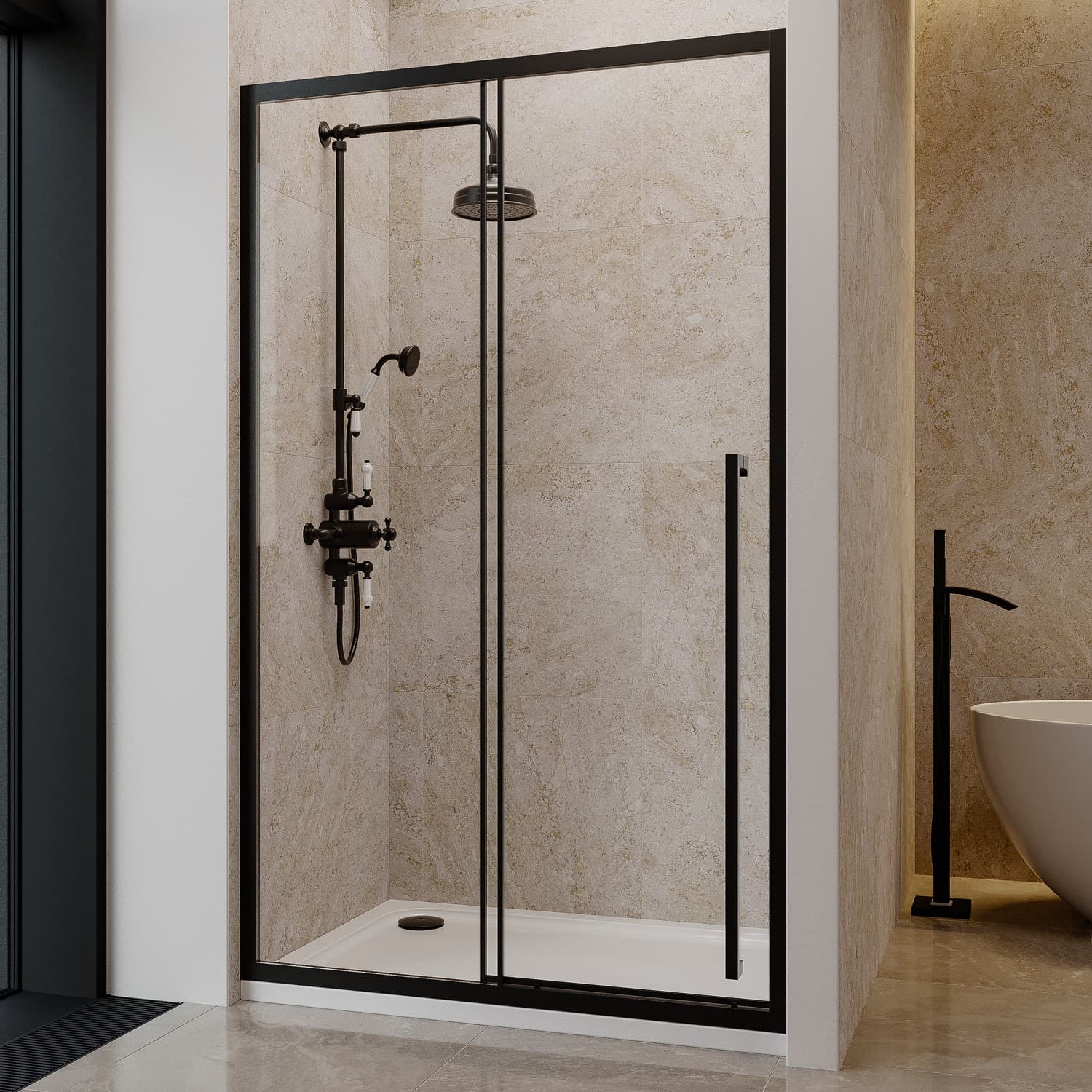1200mm Black Sliding Door Shower Enclosure 8mm Glass with Extended Handle - Pavo