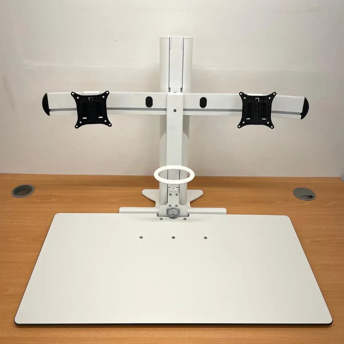 White Desk Riser with Twin Monitor Arms